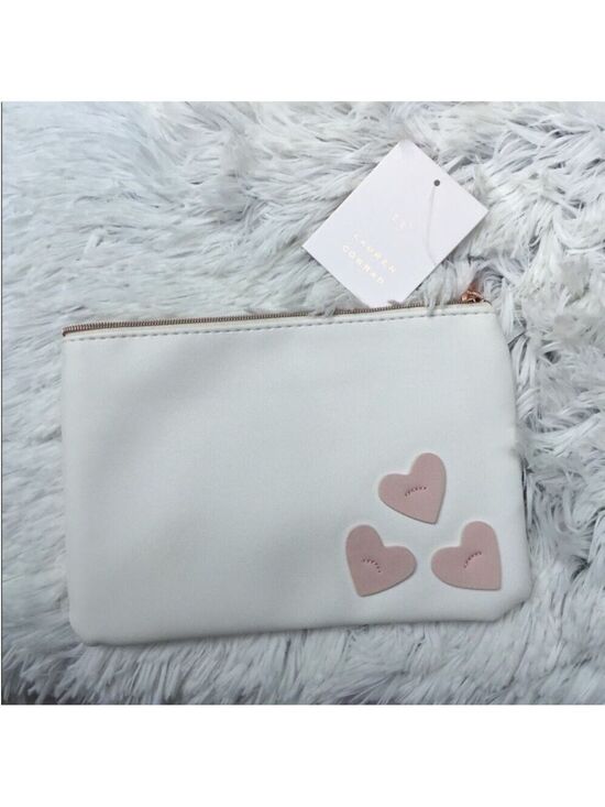LC Lauren Conrad Handbags - LC Lauren Conrad heart embellished cosmetic bag cream with pink hearts